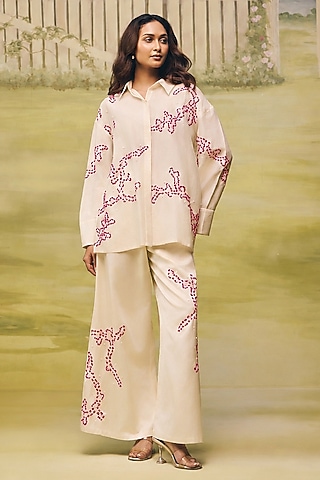 Cream Mulmul Chanderi Floral Embroidered Co-ord Set by Couche