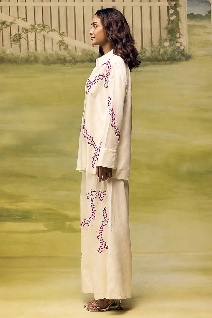 Cream Mulmul Chanderi Floral Embroidered Co-ord Set by Couche at Pernia's Pop Up Shop