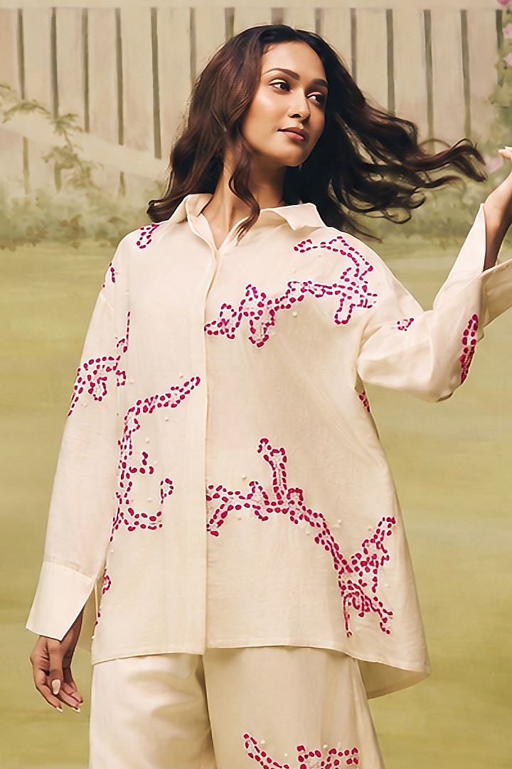 Cream Mulmul Chanderi Floral Embroidered Co-ord Set by Couche at Pernia's Pop Up Shop