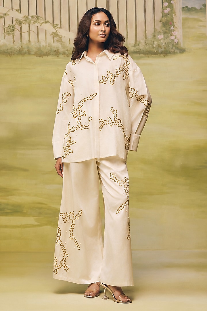 Cream Mulmul Chanderi Floral Machine Embroidered Co-ord Set by Couche at Pernia's Pop Up Shop