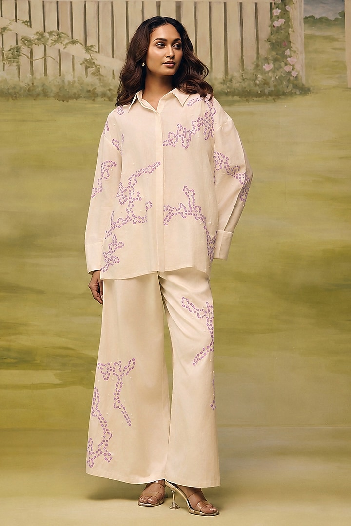 Cream Mulmul Chanderi Floral Machine Embroidered Co-ord Set by Couche at Pernia's Pop Up Shop