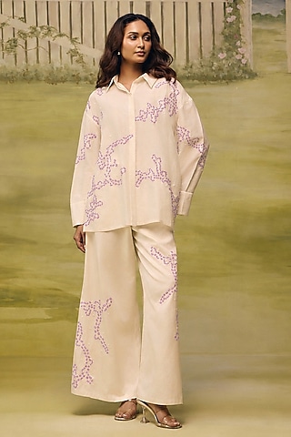 Cream Mulmul Chanderi Floral Machine Embroidered Co-ord Set by Couche