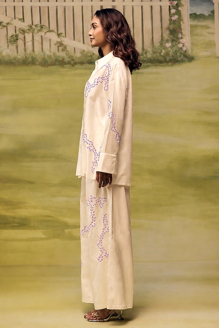 Cream Mulmul Chanderi Floral Machine Embroidered Co-ord Set by Couche at Pernia's Pop Up Shop