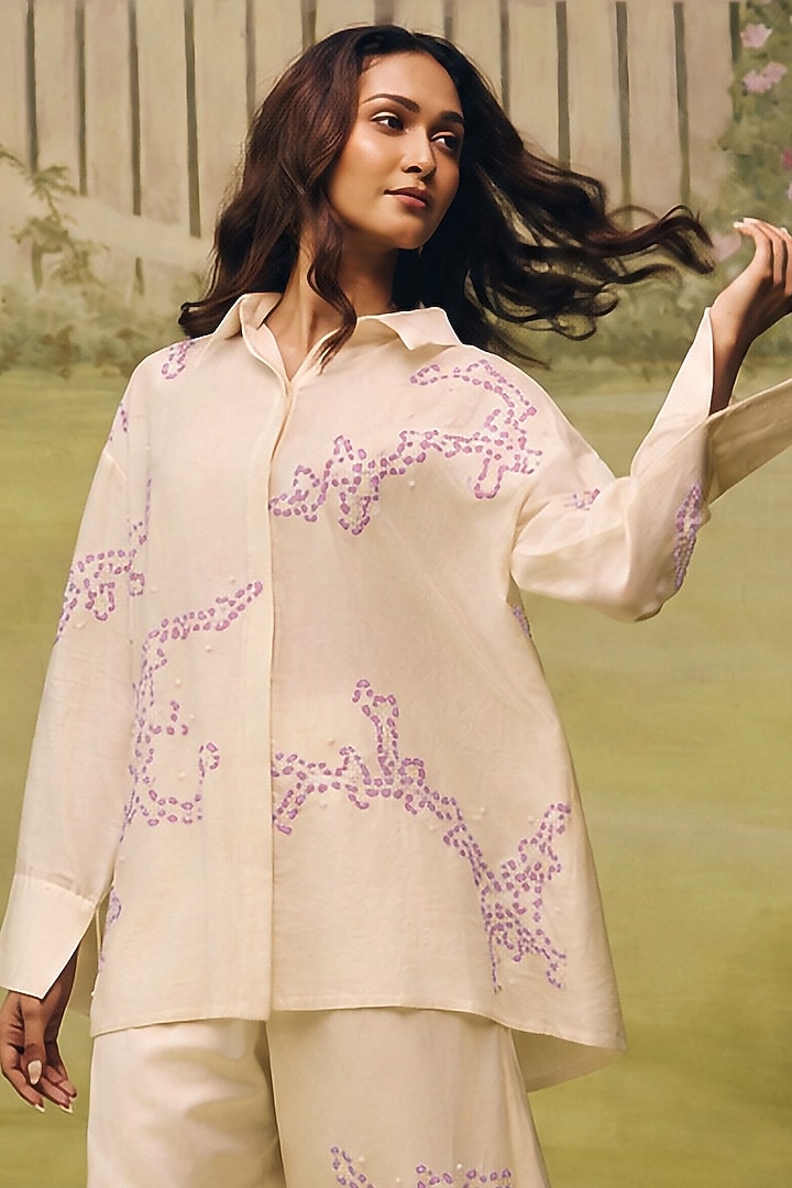 Cream Mulmul Chanderi Floral Machine Embroidered Co-ord Set by Couche at Pernia's Pop Up Shop