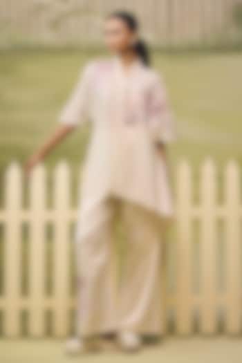 Cream Mulmul Chanderi Lilac Floral Embroidered Co-ord Set by Couche at Pernia's Pop Up Shop