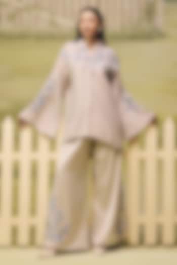 Powder Blue Mulmul Chanderi Floral Embroidered Co-ord Set by Couche at Pernia's Pop Up Shop