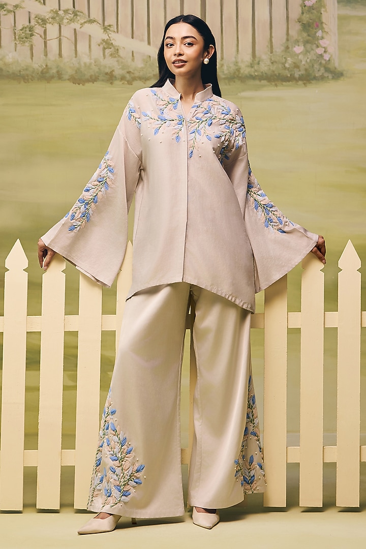 Powder Blue Mulmul Chanderi Floral Embroidered Co-ord Set by Couche at Pernia's Pop Up Shop