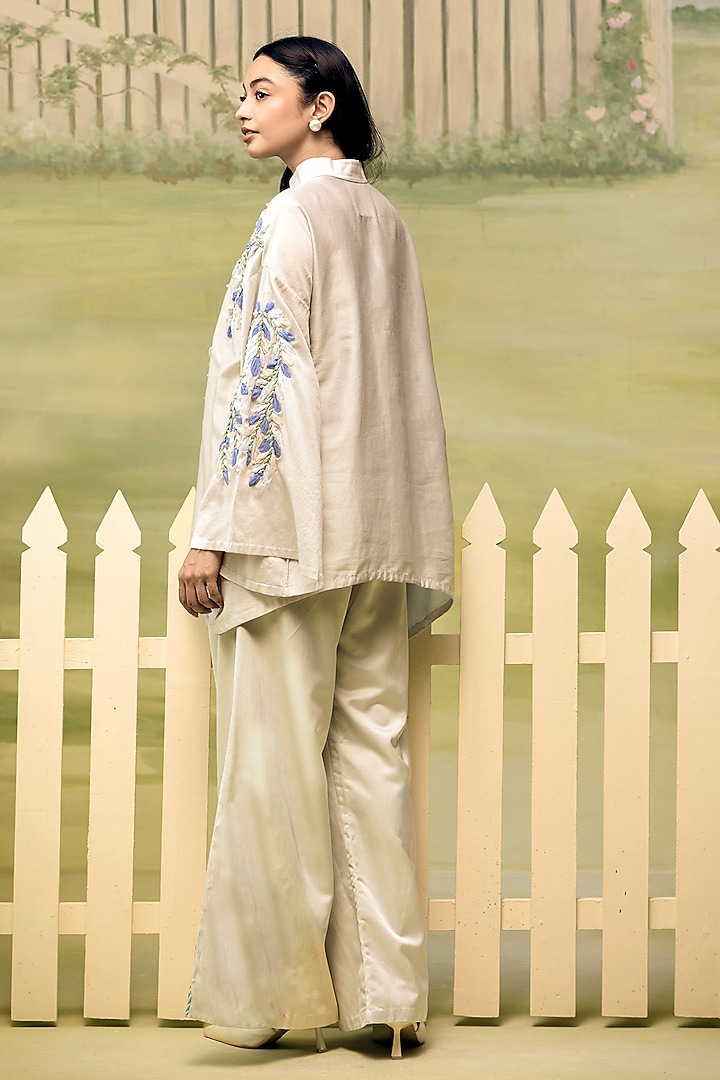 Powder Blue Mulmul Chanderi Floral Embroidered Co-ord Set by Couche at Pernia's Pop Up Shop