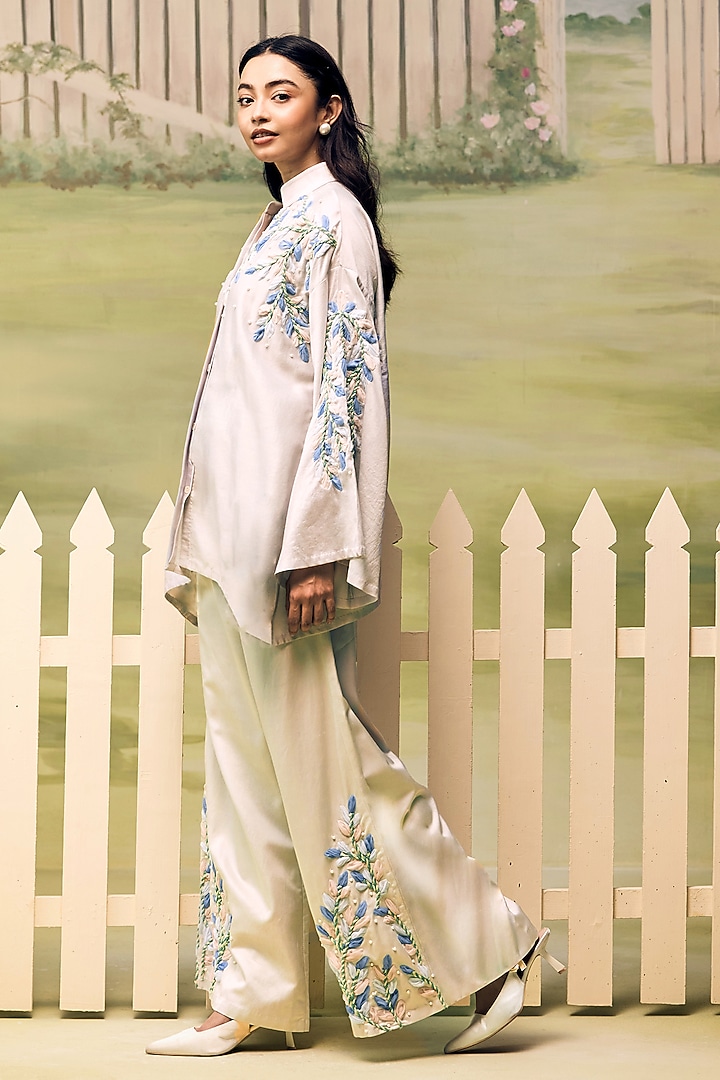 Powder Blue Mulmul Chanderi Floral Embroidered Co-ord Set by Couche at Pernia's Pop Up Shop