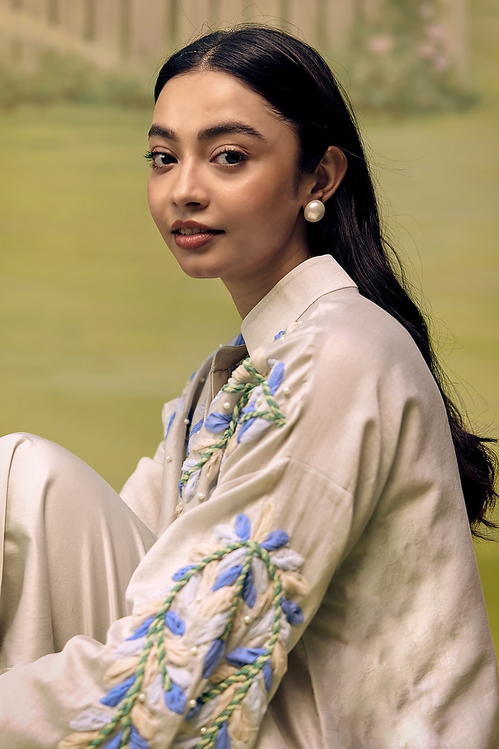 Powder Blue Mulmul Chanderi Floral Embroidered Co-ord Set by Couche at Pernia's Pop Up Shop