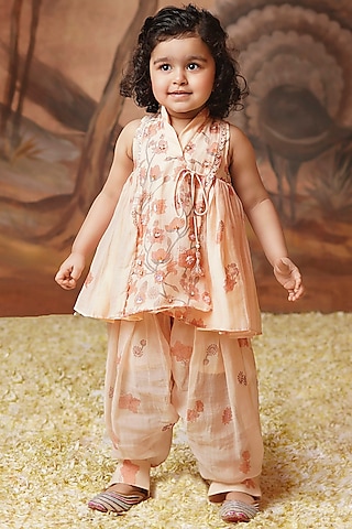 Peach Chanderi Mul Printed & Embroidered Co-Ord Set For Girls by COCO