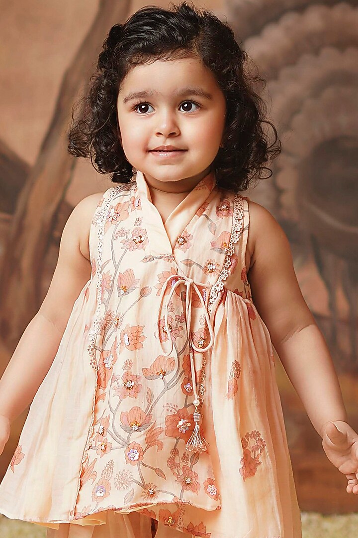 Peach Chanderi Mul Printed & Embroidered Co-Ord Set For Girls by COCO at Pernia's Pop Up Shop