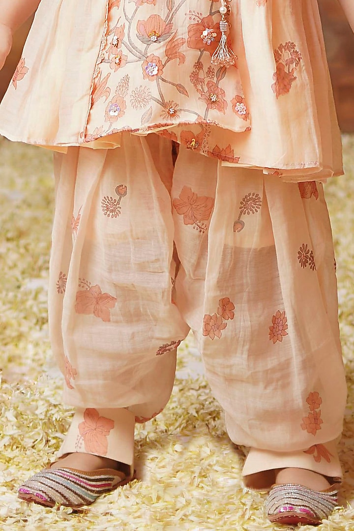 Peach Chanderi Mul Printed & Embroidered Co-Ord Set For Girls by COCO at Pernia's Pop Up Shop