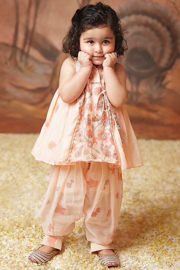 Peach Chanderi Mul Printed & Embroidered Co-Ord Set For Girls by COCO at Pernia's Pop Up Shop