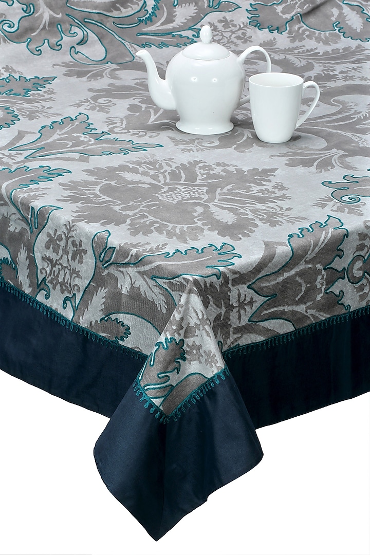 Grey Printed & Embroidered Table Cloth by Perenne Design
