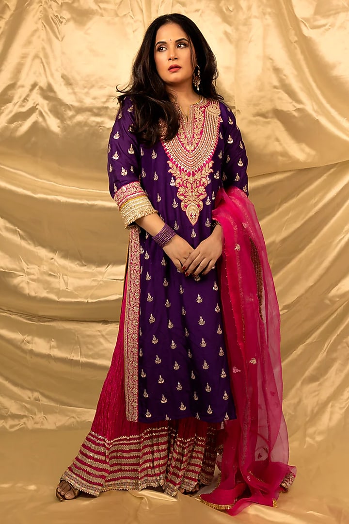 Purple Tussar Embroidered Straight Kurta Set by GOPI VAID at Pernia's Pop Up Shop