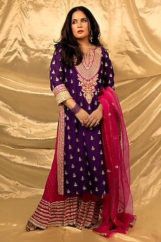 Purple Tussar Embroidered Straight Kurta Set by GOPI VAID