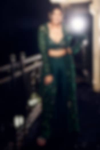 Emerald Green Satin Organza & Tulle Hand Embroidered Jacket Set by ASAGA at Pernia's Pop Up Shop