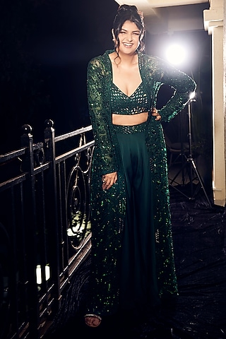 Emerald Green Satin Organza & Tulle Hand Embroidered Jacket Set by ASAGA