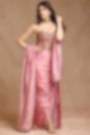 Dusky Pink Satin Silk Marble Printed Draped Skirt Set by Punit Balana at Pernia's Pop Up Shop
