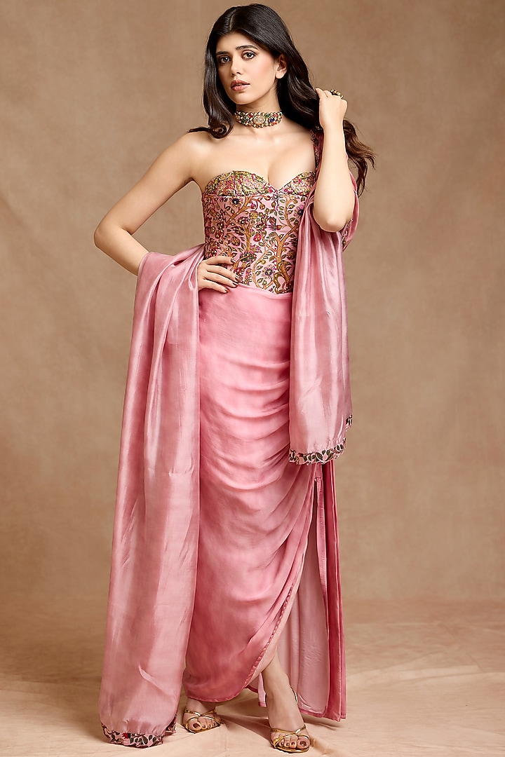 Dusky Pink Satin Silk Marble Printed Draped Skirt Set by Punit Balana at Pernia's Pop Up Shop