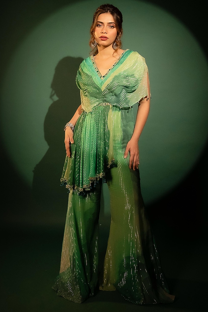 Green Georgette Embellished & Printed Jumpsuit by Shashank Arya at Pernia's Pop Up Shop