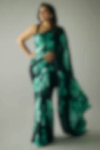 Black Pure Satin Silk Floral Printed Party Wear Saree by Studio 113 at Pernia's Pop Up Shop