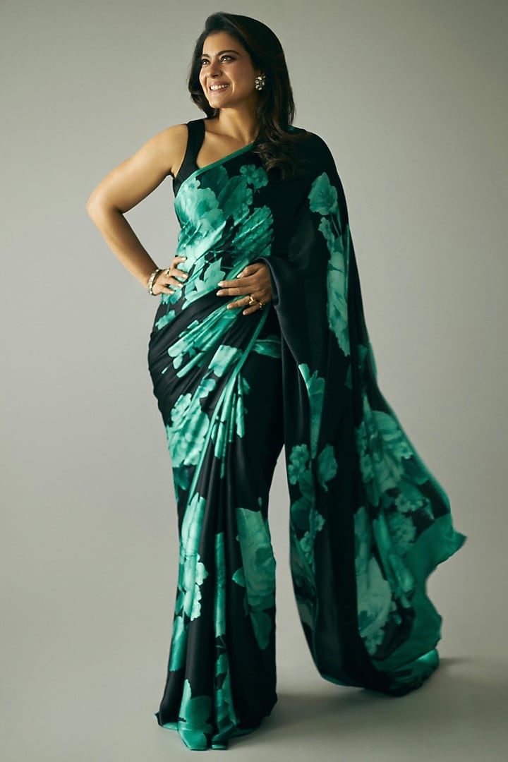 Black Pure Satin Silk Floral Printed Party Wear Saree by Studio 113 at Pernia's Pop Up Shop