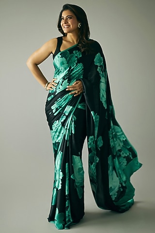 Black Pure Satin Silk Floral Printed Saree by Studio 113