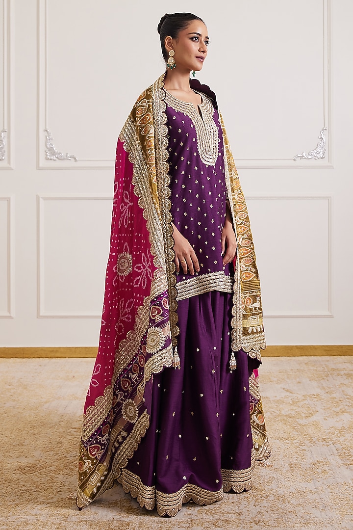 Purple Dupion Embroidered Bridal Sharara Set by Faabiiana at Pernia's Pop Up Shop