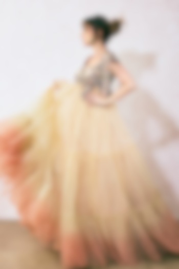 Pink & Yellow Ombre Net Hand Embellished Bridal Gown by Rocky Star at Pernia's Pop Up Shop