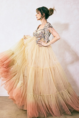 Pink & Yellow Ombre Net Hand Embellished Gown by Rocky Star