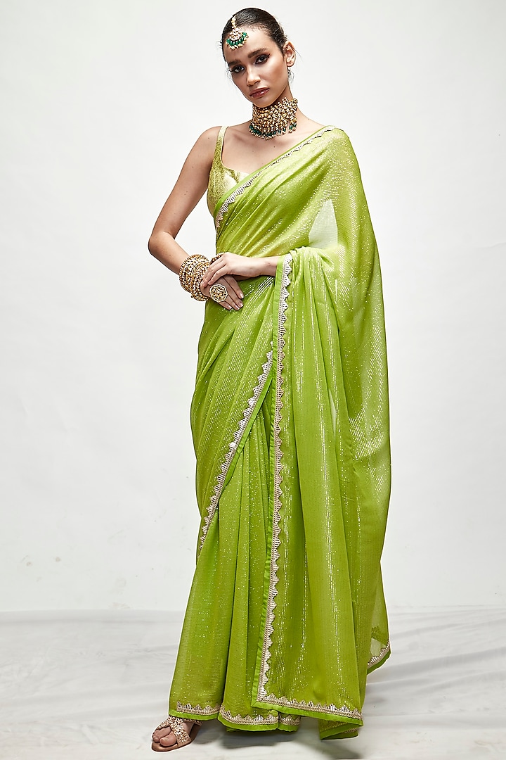 Chartreuse Green Silk Georgette Thread Work Saree Set by Ranian
