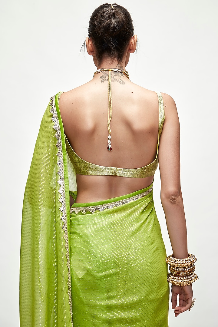 Chartreuse Green Silk Georgette Thread Work Wedding Saree Set by Ranian at Pernia's Pop Up Shop
