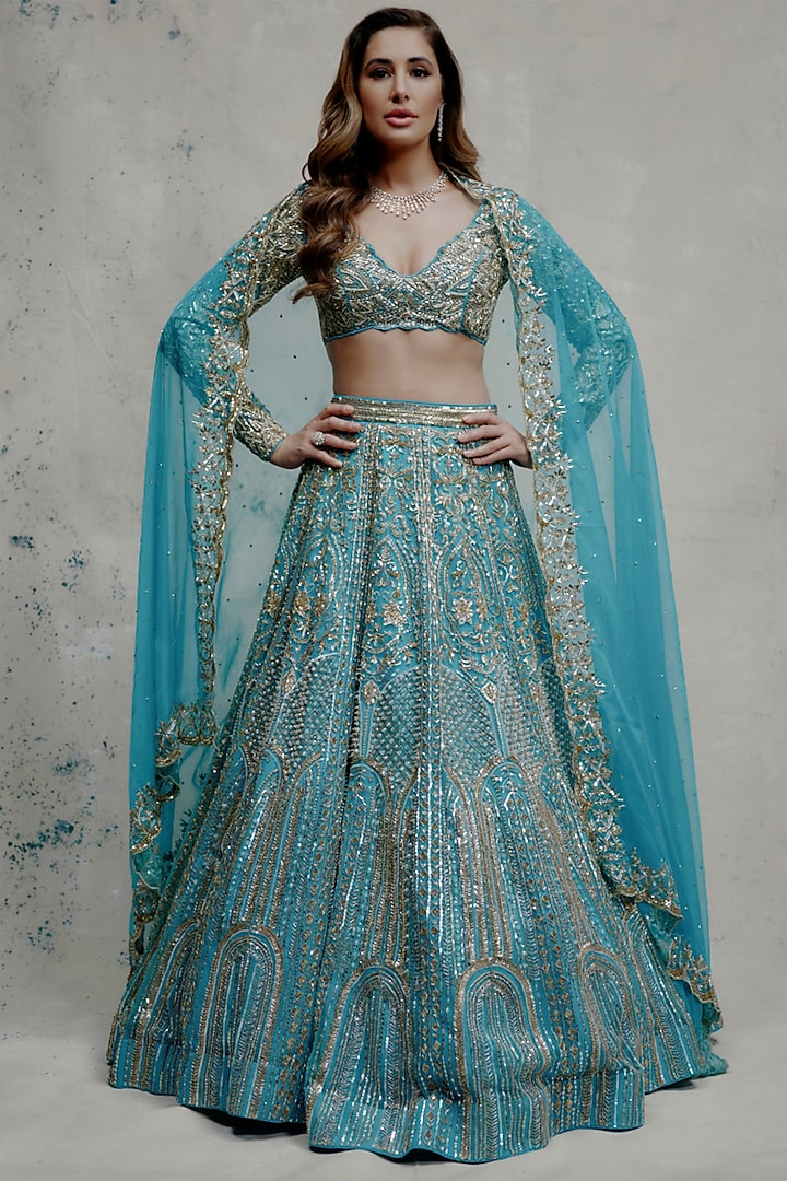 Turquoise Net Sequins & Pearl Embroidered Bridal Lehenga Set by Ruchika Hurria at Pernia's Pop Up Shop