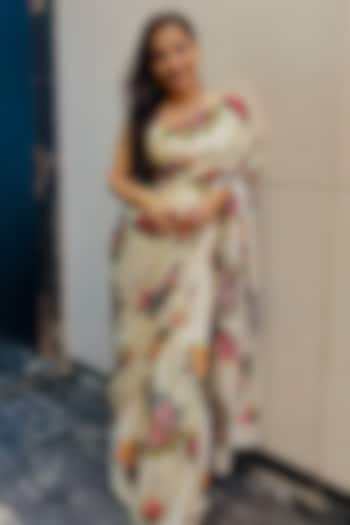 White Pure Satin Silk Cross-Stitch Embroidered Party Wear Saree by Studio 113 at Pernia's Pop Up Shop