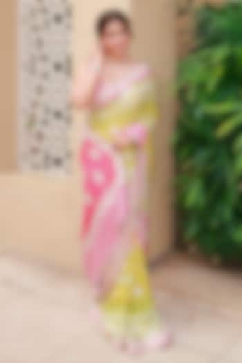 Green & Pink Georgette Bridal Saree Set by Faabiiana at Pernia's Pop Up Shop