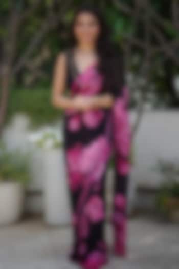 Black Pure Satin Silk Floral Printed Party Wear Saree by Studio 113 at Pernia's Pop Up Shop