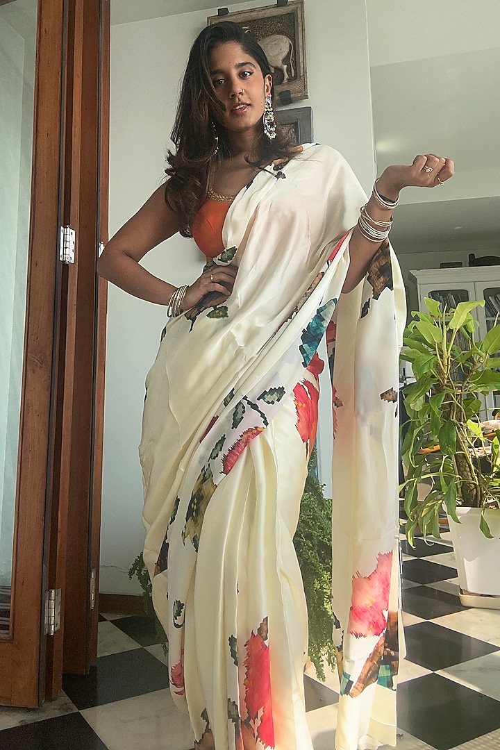 White Pure Satin Silk Patola Weave Printed Party Wear Saree by Studio 113 at Pernia's Pop Up Shop