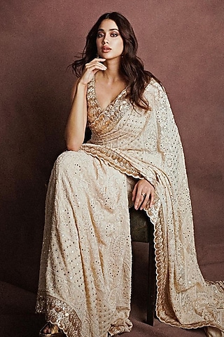 Ivory Chikankari Saree Set by Faabiiana