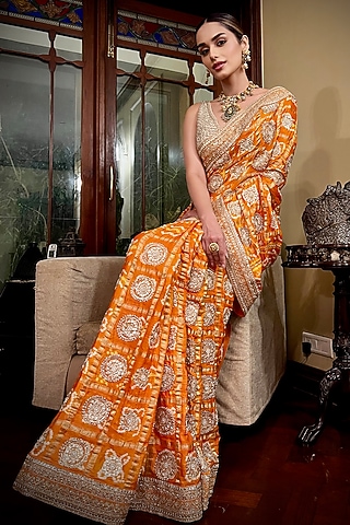 Orange Gajji Silk Gharchola Saree Set by Faabiiana