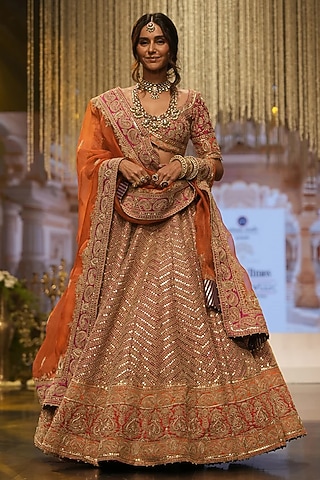 Hot Pink Raw Silk Zardosi Embroidered Lehenga Set by Sheetal Batra