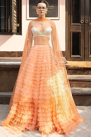 Coral Ombre Tulle Ruffled Lehenga Set by The little black bow