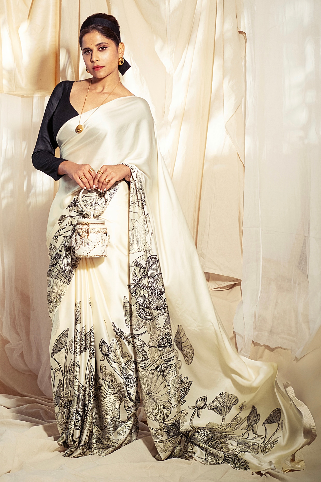 Studio 113 White Pure Satin Silk Kantha Embroidered & Printed Saree