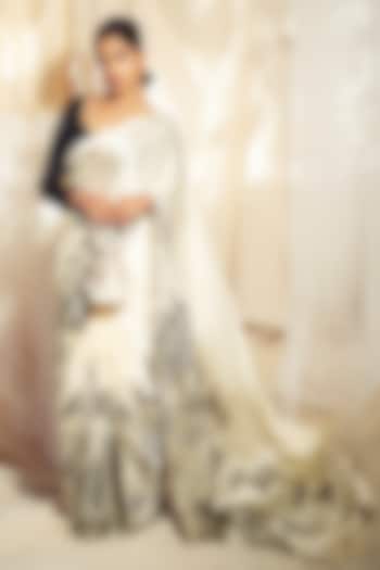 White Pure Satin Silk Kantha Embroidered & Printed Party Wear Saree by Studio 113 at Pernia's Pop Up Shop