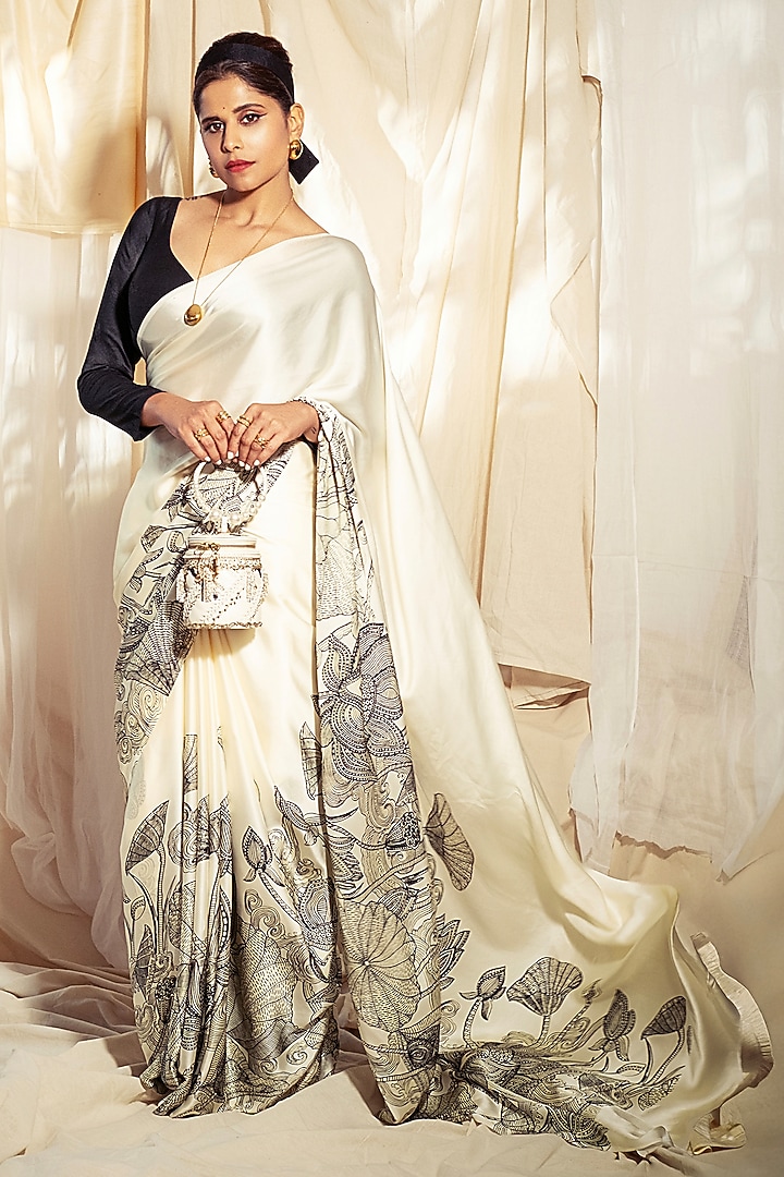 White Pure Satin Silk Kantha Embroidered & Printed Party Wear Saree by Studio 113 at Pernia's Pop Up Shop