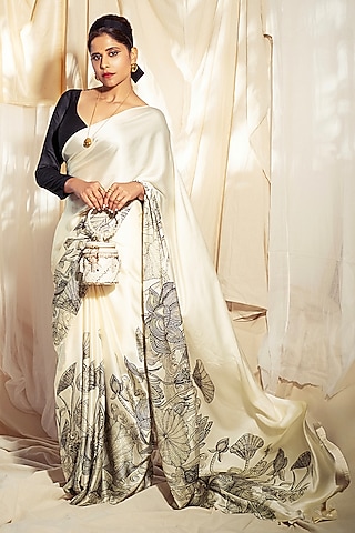 White Pure Satin Silk Kantha Embroidered & Printed Saree by Studio 113