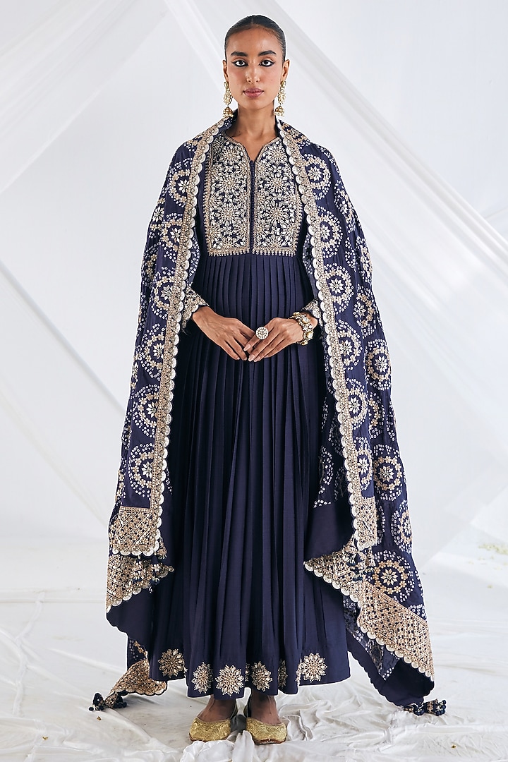 Navy Blue Silk Bridal Anarkali Set by Faabiiana at Pernia's Pop Up Shop