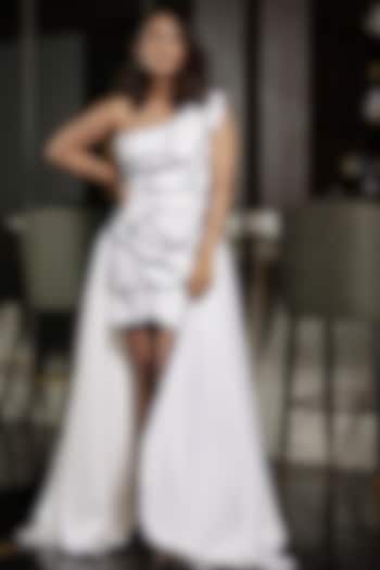 White Neoprene Asymmetric Patchwork Mini Vacation Dress With Trail by OZEQO at Pernia's Pop Up Shop