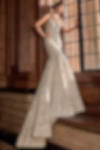 Champagne Net Sequins & Pearl Embroidered Trail Bridal Gown by Seema Gujral at Pernia's Pop Up Shop